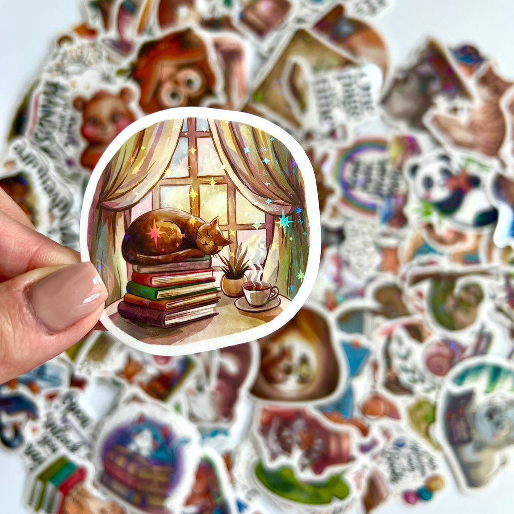 🦊 Holographic Woodland Reading Animals Stickers