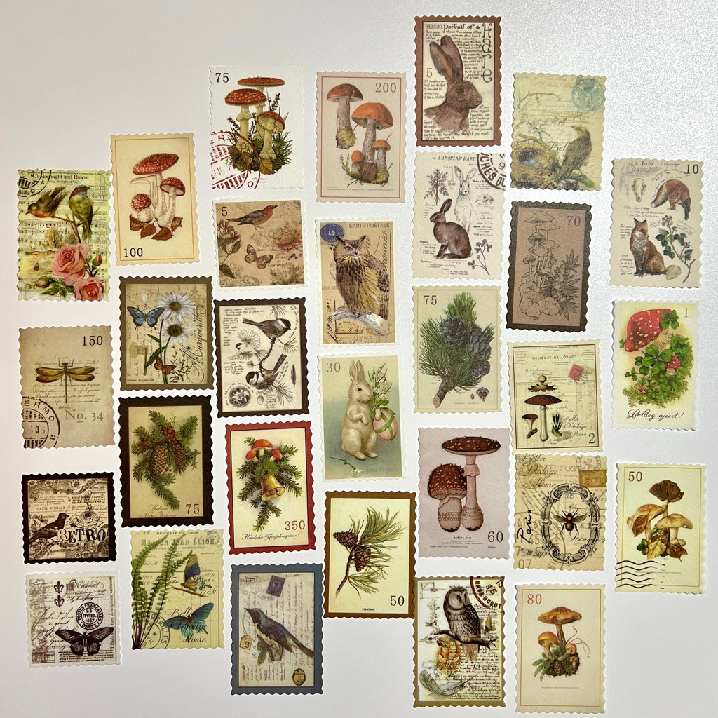 🍄 Vintage Forest Postage Stamp Stickers