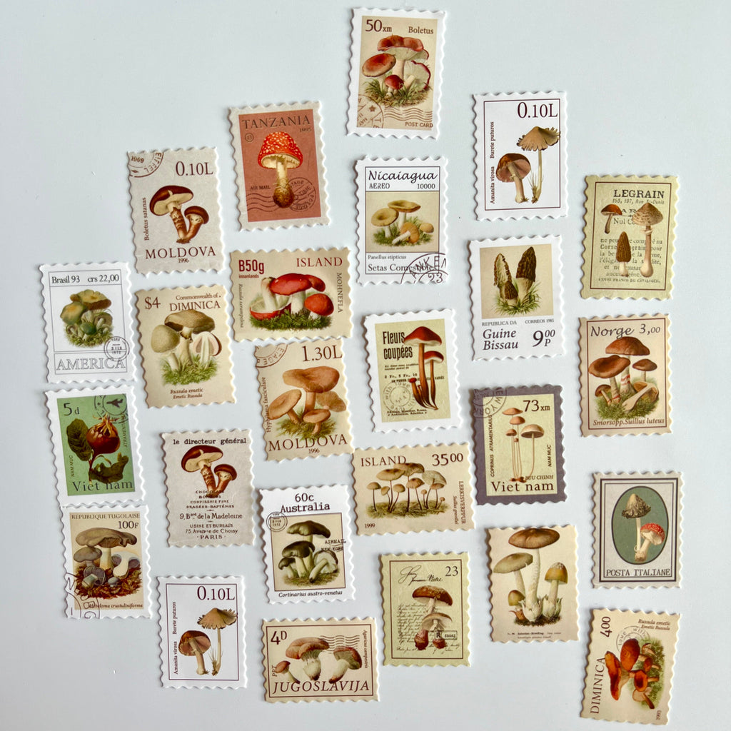 🍄 Vintage Mushroom Stamp Stickers Set (24 pcs)