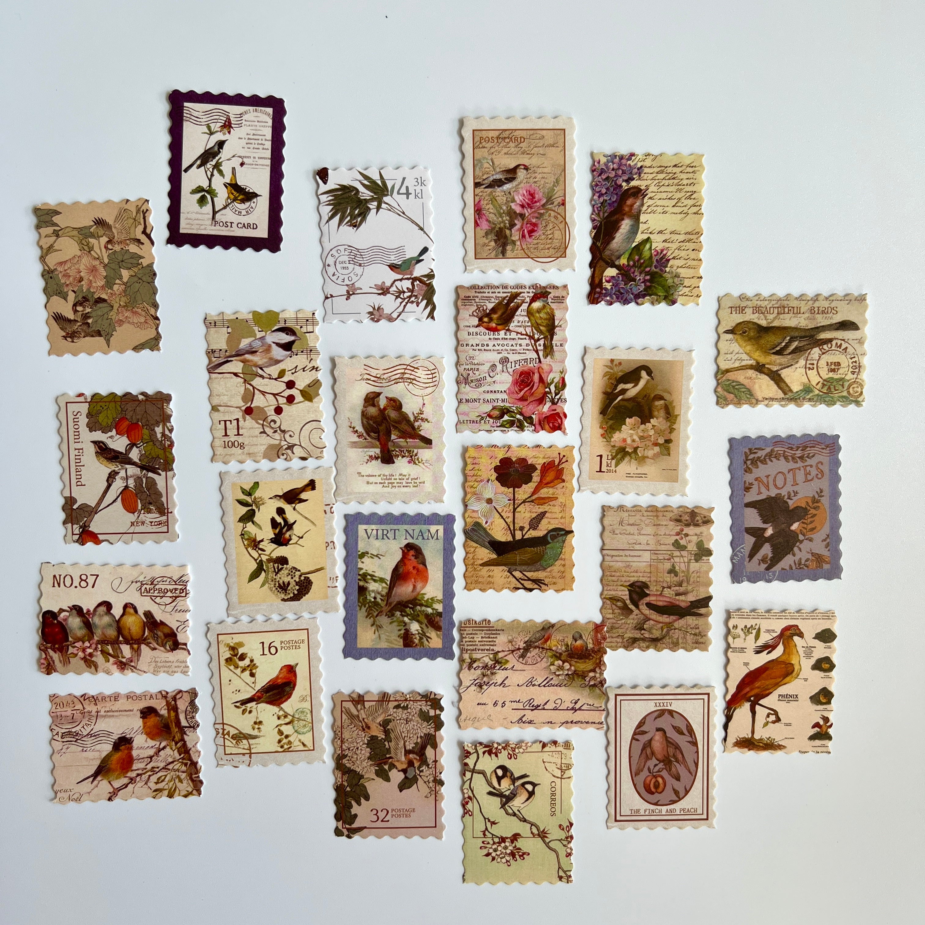 🐦 Vintage Bird Stamp Stickers (24 pcs)