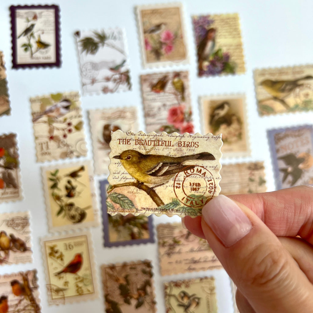 🐦 Vintage Bird Stamp Stickers (24 pcs)