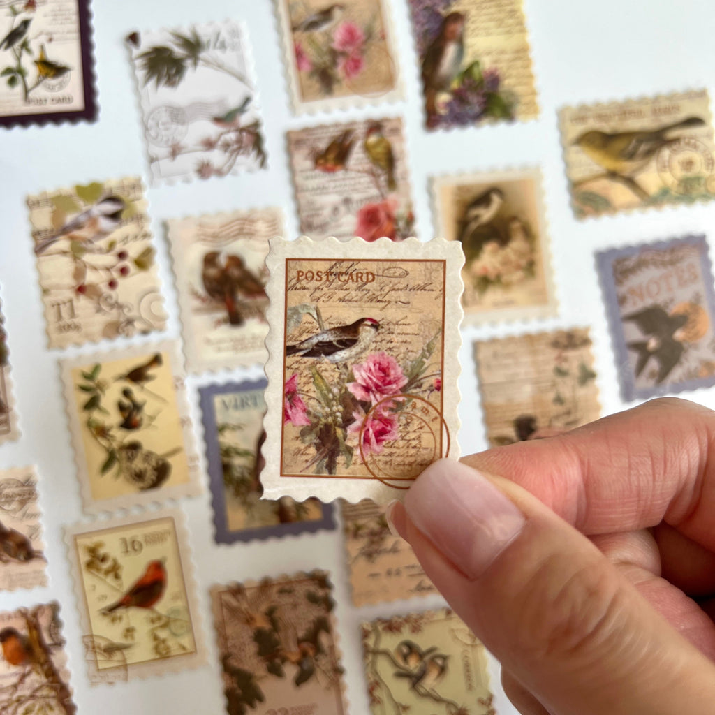 🐦 Vintage Bird Stamp Stickers (24 pcs)