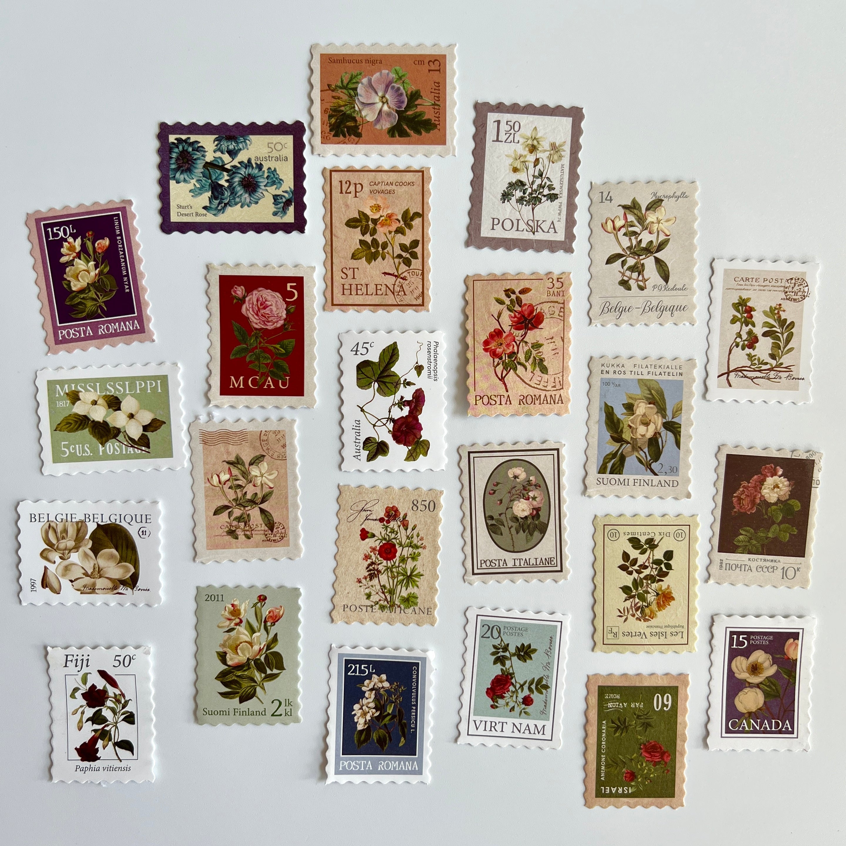 🌸 Vintage Floral Stamp Stickers (24 pcs)