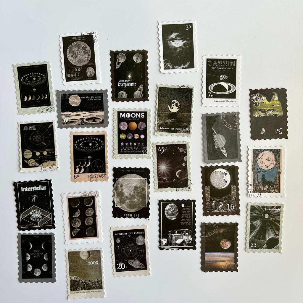 🌙 Vintage Space Stamp Stickers (24 pcs)