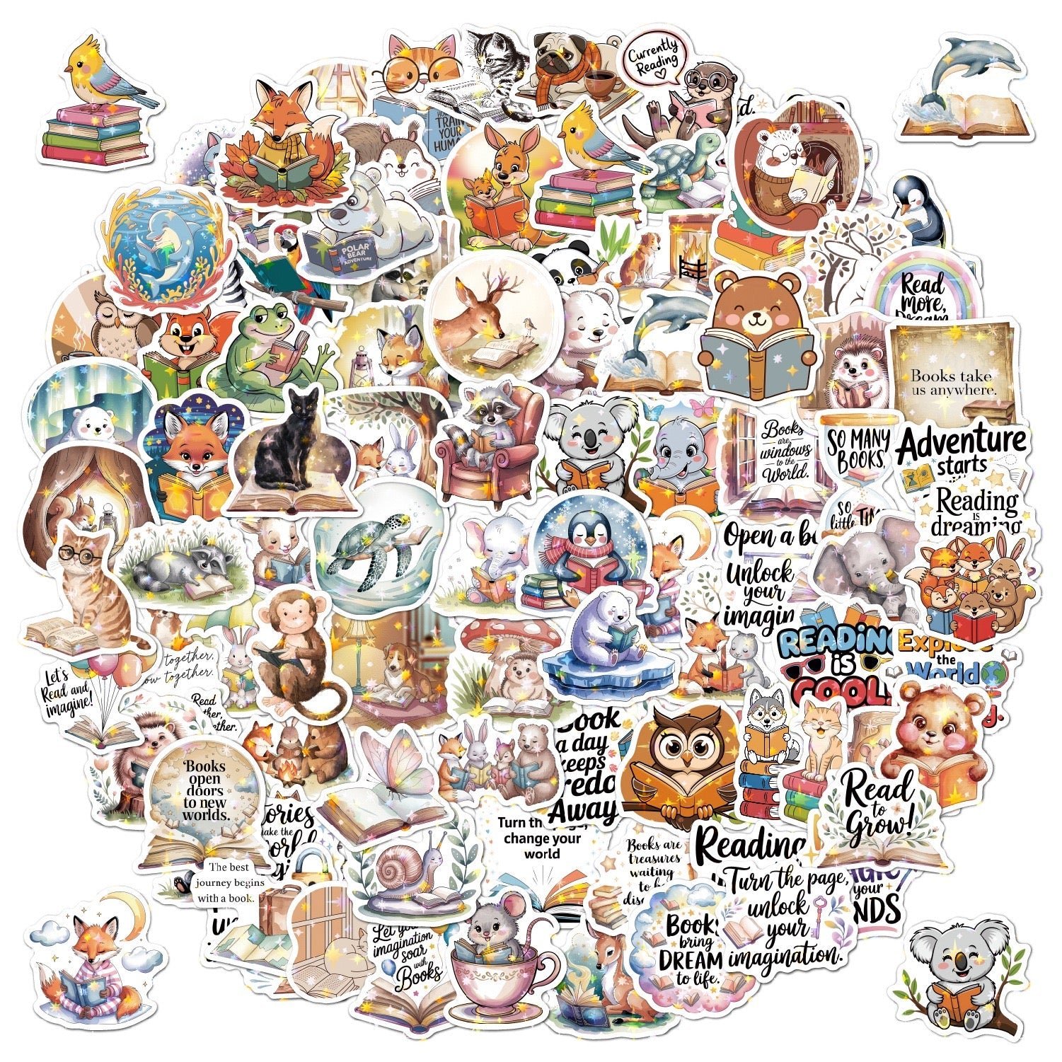 🦊 Holographic Woodland Reading Animals Stickers